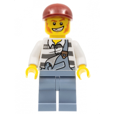 police - jail prisoner torn overalls over prison stripes sand blue legs dark red short bill cap