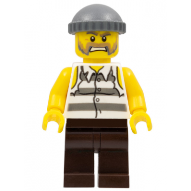 police - jail prisoner shirt with prison stripes and torn out sleeves dark brown legs dark bluish gray knit cap