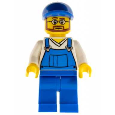 overalls blue over v-neck shirt blue legs blue short bill cap beard and glasses