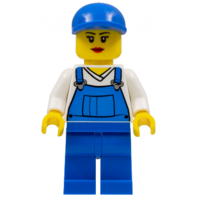 overalls blue over v-neck shirt blue legs blue short bill cap eyelashes and smile