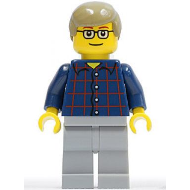 plaid button shirt light bluish gray legs dark tan male hair glasses