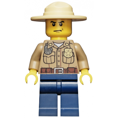 forest police - dark tan shirt with pockets radio and gold badge dark blue legs campaign hat angry eyebrows and scowl white pupils