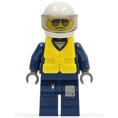 forest police - helicopter pilot dark blue flight suit with badge helmet life jacket center buckle black and pearl dark gray sunglasses