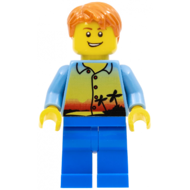 sunset and palm trees - male blue legs dark orange short tousled hair lopsided grin
