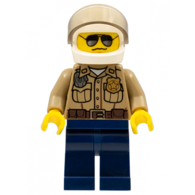 forest police - dark tan shirt with pockets radio and gold badge dark blue legs white helmet with visor black and silver sunglasses
