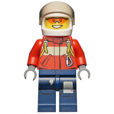 fire - pilot male red fire suit with carabiner dark blue legs with map white helmet orange sunglasses
