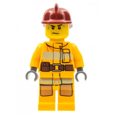 fire - bright light orange fire suit with utility belt dark red fire helmet sweat drops