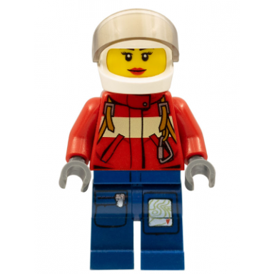 fire - pilot female red fire suit with carabiner dark blue legs with map white helmet red lips