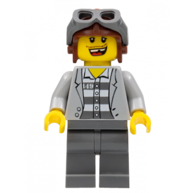 police - jail prisoner jacket over prison stripes dark bluish gray legs aviator cap and goggles missing tooth