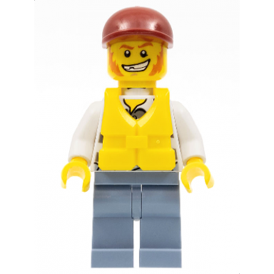 police - jail prisoner torn overalls over prison stripes sand blue legs dark red short bill cap life jacket center buckle