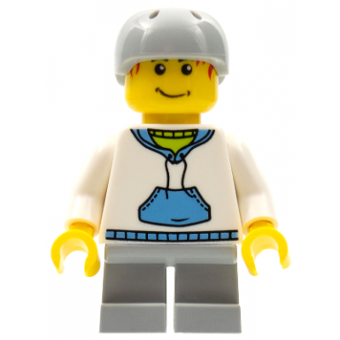 child - boy white hoodie with medium blue pocket light bluish gray short legs light bluish gray sports helmet