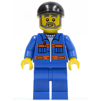 blue jacket with pockets and orange stripes blue legs black short bill cap gray beard