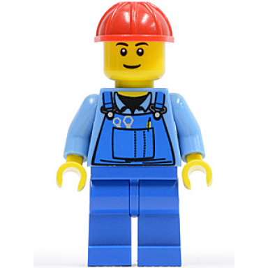 overalls with tools in pocket blue red construction helmet black eyebrows thin grin