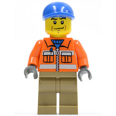 construction worker - orange zipper safety stripes orange arms dark tan legs blue short bill cap