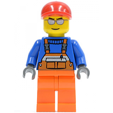overalls with safety stripe orange orange legs red short bill cap silver sunglasses
