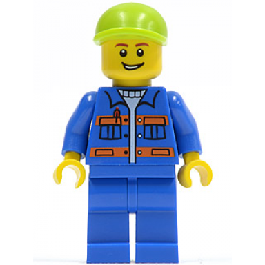 blue jacket with pockets and orange stripes blue legs lime short bill cap open grin