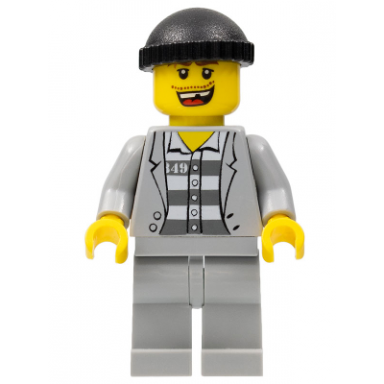 police - jail prisoner jacket over prison stripes light bluish gray legs black knit cap missing tooth