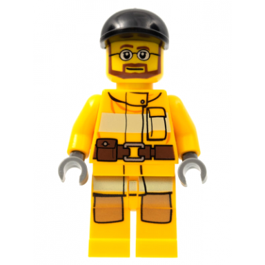 fire - bright light orange fire suit with utility belt black short bill cap beard and glasses