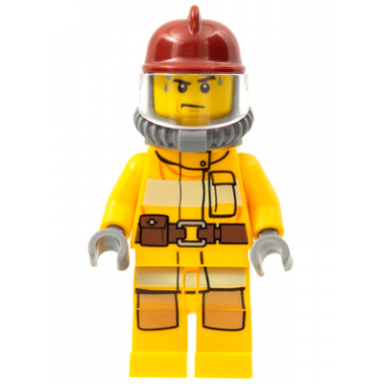 fire - bright light orange fire suit with utility belt dark red fire helmet yellow air tanks sweat drops