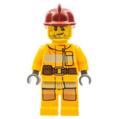 fire - bright light orange fire suit with utility belt dark red fire helmet crooked smile and scar