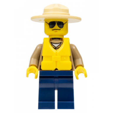 forest police - dark tan shirt with pockets dark blue legs campaign hat black and silver sunglasses life jacket center buckle