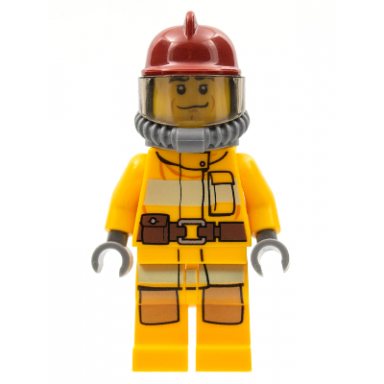 fire - bright light orange fire suit with utility belt dark red fire helmet yellow air tanks black eyebrows chin dimple
