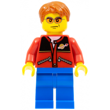 red jacket with zipper pockets and classic space logo blue legs dark orange short tousled hair orange sunglasses