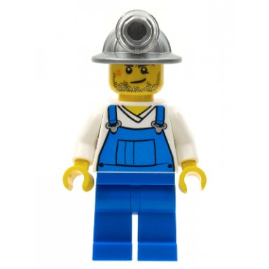 miner - overalls blue over v-neck shirt blue legs mining helmet crooked smile and scar