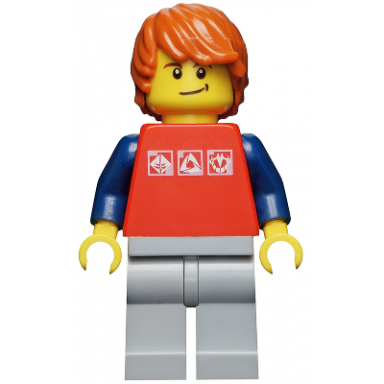 red shirt with 3 silver logos dark blue arms light bluish-gray legs dark orange hair