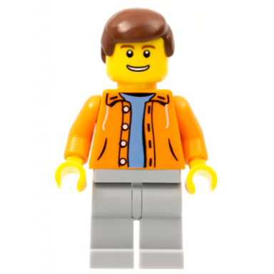 orange jacket with hood over light blue sweater light bluish gray legs reddish brown male hair