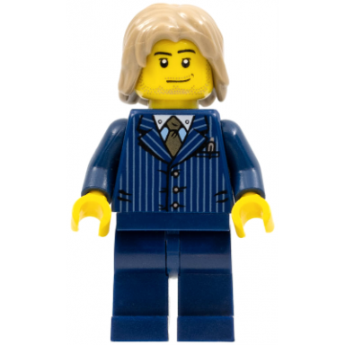 businessman - pinstripe jacket and gold tie dark blue legs dark tan mid-length tousled hair smirk and stubble