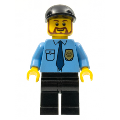police - city shirt with dark blue tie and gold badge black legs black short bill cap brown beard rounded