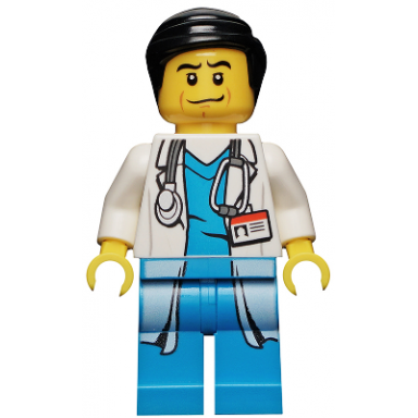 doctor - long lab coat over dark azure shirt stethoscope black smooth hair