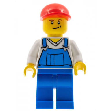 overalls blue over v-neck shirt blue legs red short bill cap crooked smile