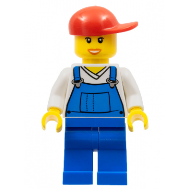 overalls blue over v-neck shirt blue legs red short bill cap open mouth smile
