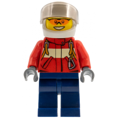 fire - pilot male red fire suit with carabiner dark blue legs white helmet trans-brown visor orange safety glasses