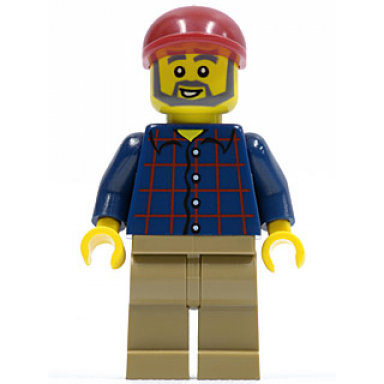 plaid button shirt dark tan legs dark red short bill cap dark bluish gray beard and eyebrows