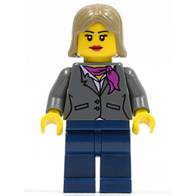dark bluish gray jacket with magenta scarf dark blue legs dark tan female hair