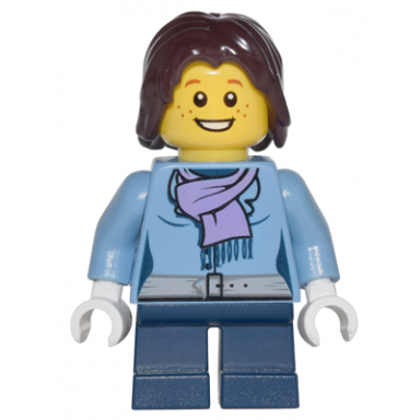 medium blue jacket with light purple scarf dark blue short legs dark brown mid-length tousled hair