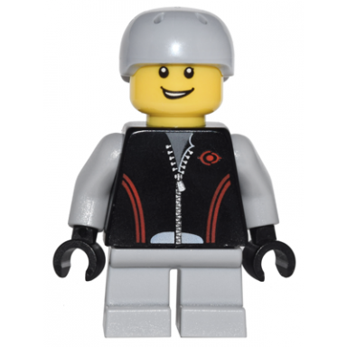 leather jacket with zipper red lines and logo pattern light bluish gray short legs light bluish gray sports helmet