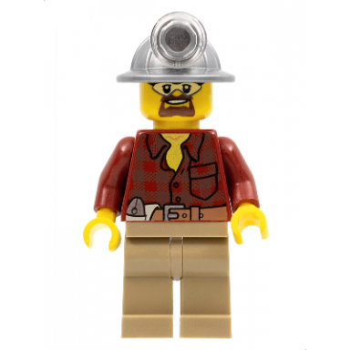 flannel shirt with pocket and belt dark tan legs mining helmet safety goggles