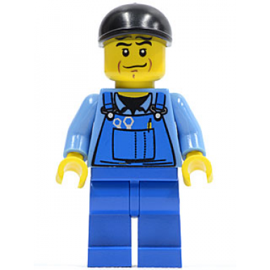 overalls with tools in pocket blue black short bill cap chin dimple