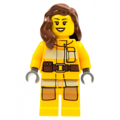 fire - bright light orange fire suit with utility belt reddish brown female hair over shoulder