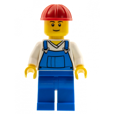 overalls blue over v-neck shirt blue legs red construction helmet