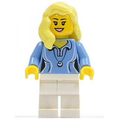 medium blue female shirt with two buttons and shell pendant white legs bright light yellow female hair over shoulder
