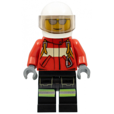 fire - pilot male red fire suit with carabiner reflective stripes on black legs white helmet silver sunglasses