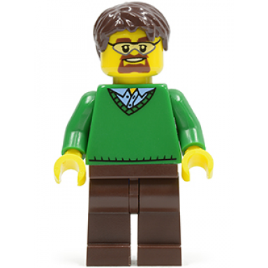 green v-neck sweater dark brown legs dark brown short tousled hair safety goggles