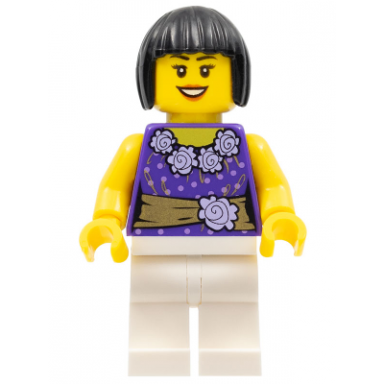 female dark purple blouse with gold sash and flowers white legs black bob cut hair