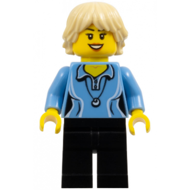 medium blue female shirt with two buttons and shell pendant black legs tan tousled and layered hair