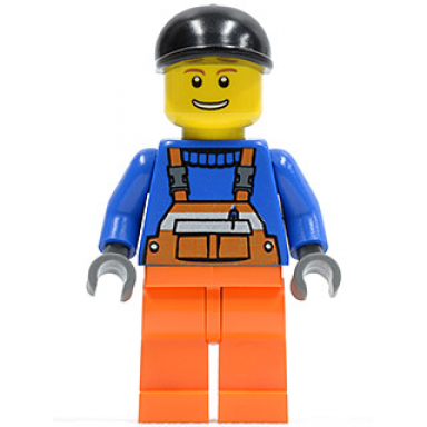 overalls with safety stripe orange orange legs black short bill cap brown eyebrows open mouth smile